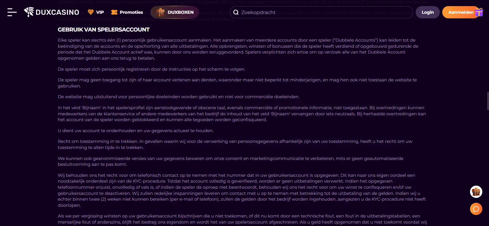 Duxcasino voorwaarden over identiteitscontrole en verificatie zonder persoonsgegevens