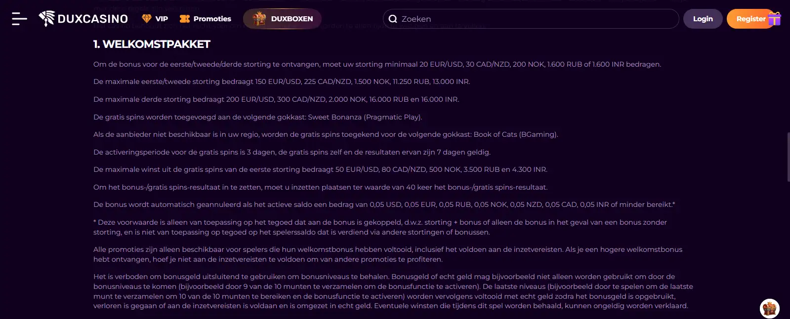 Duxcasino welkomstbonusvoorwaarden voor de eerste drie stortingen