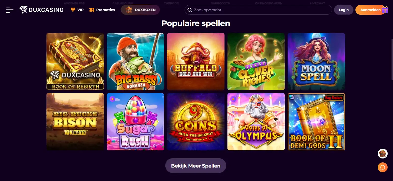 Duxcasino homepage met officiële merknaam en lobbyheader