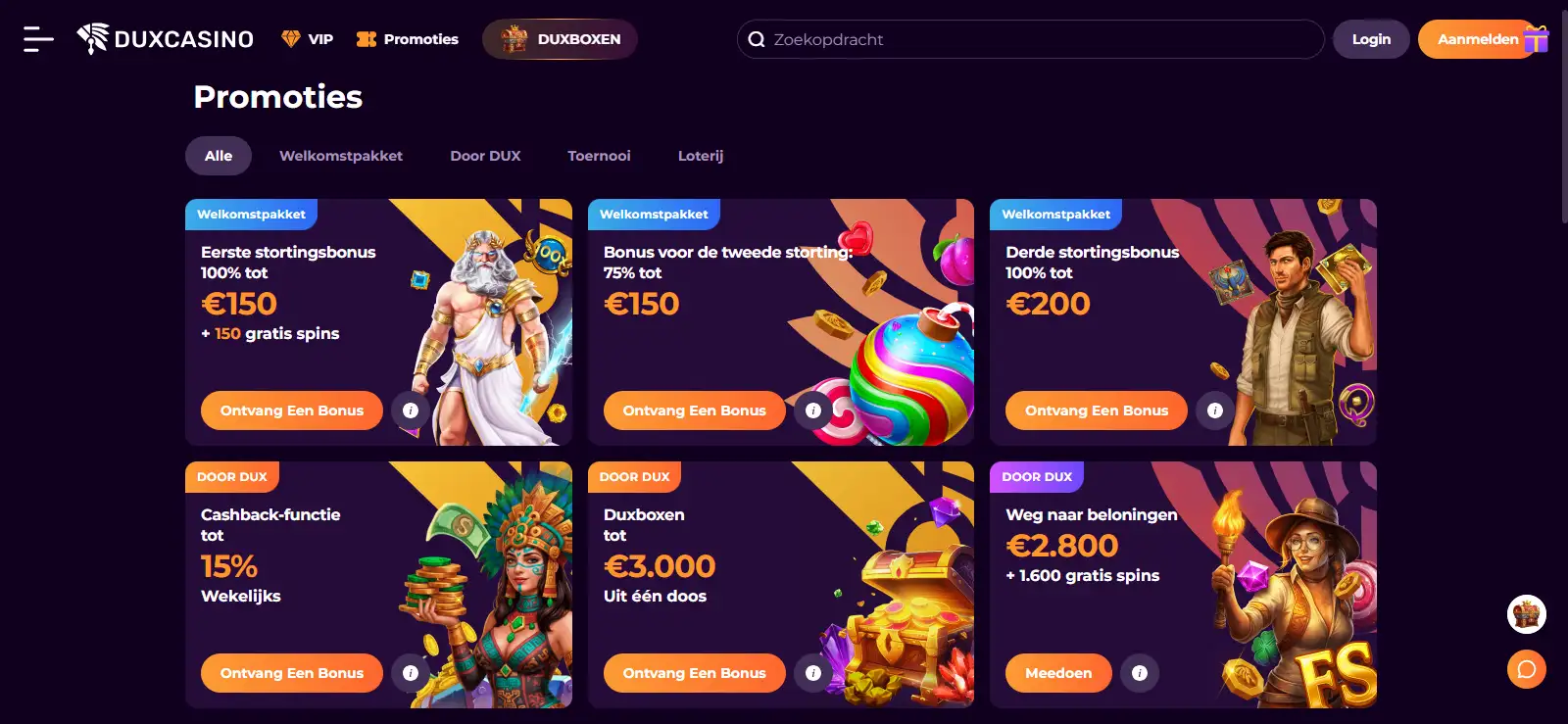 Officiële Duxcasino promotiepagina met het actuele welkomstpakket