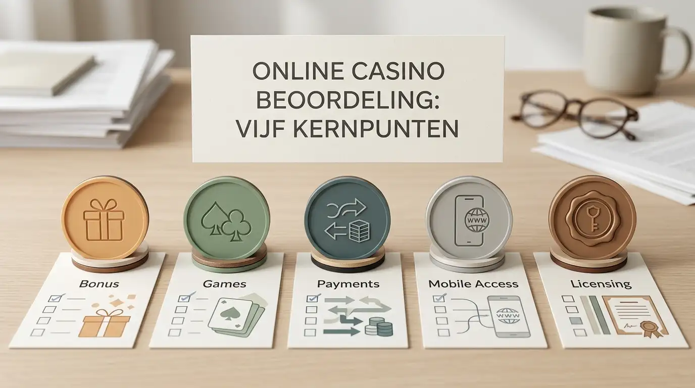 Illustratieve beslischecklist met bonus, spellen, betalingen, mobiel en licentie als afzonderlijke onderdelen